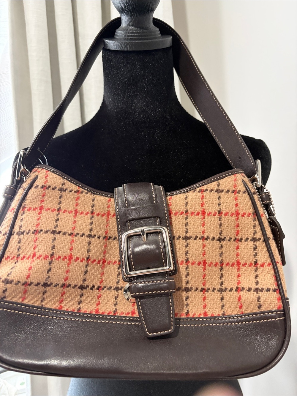 Coach Tan Plaid Wool & Brown Leather Shoulder Bag